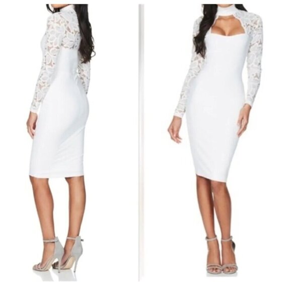 NOOKIE Long Sleeve Lady Lace Midi Sheath Dress XTRA SMALL In White - Picture 1 of 11